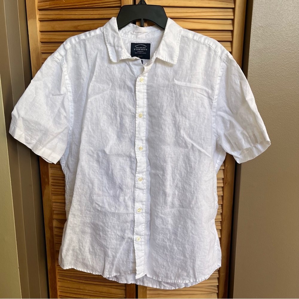 Charles Tyrwhitt Shirt Mens L White Slim Fit Linen Short Sleeve Preppy Nautical